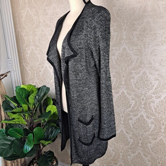 Soft Surroundings Black/Silver Open Front Long Cardigan 4 Pockets Size Small NWT - Picture 4 of 11